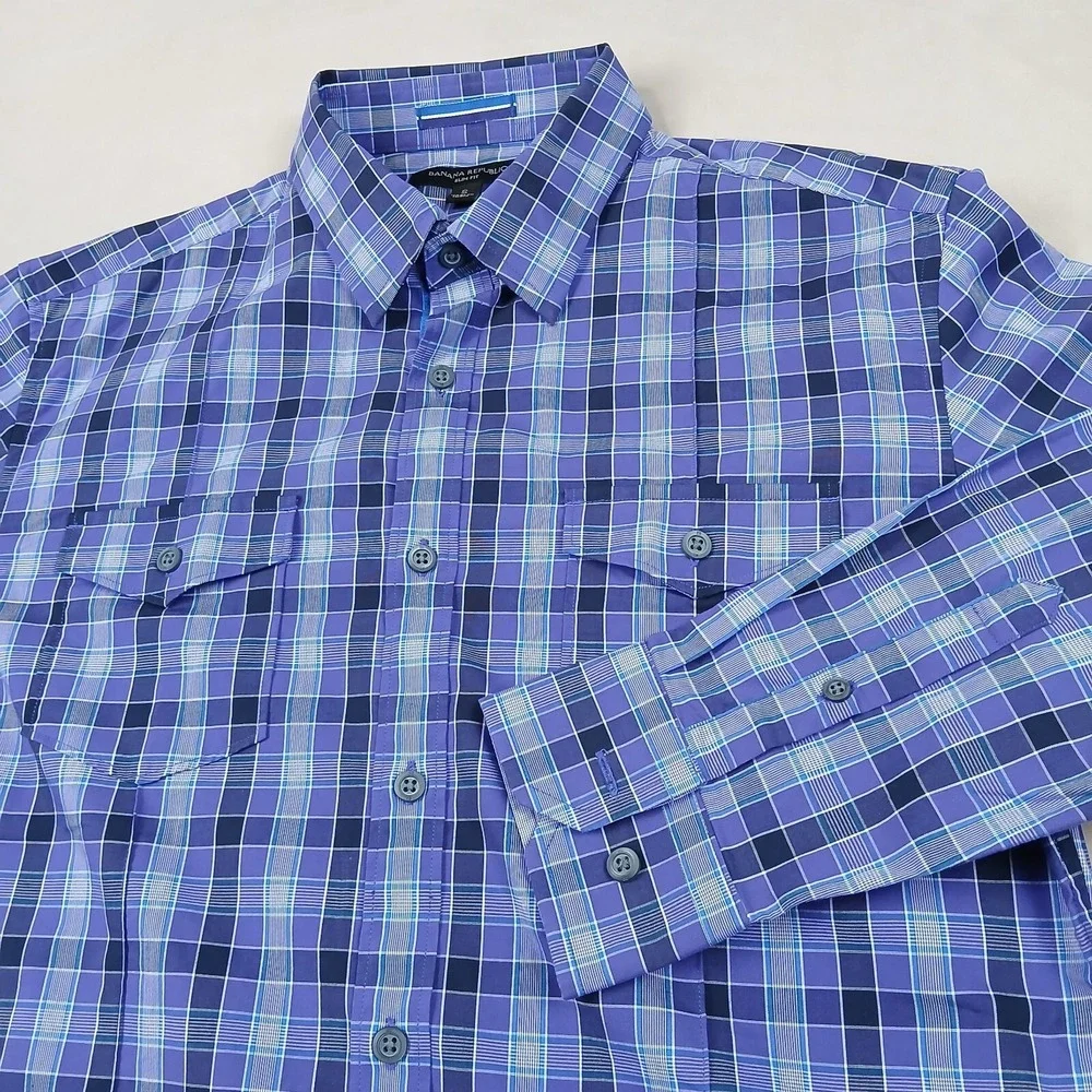 Banana Republic Small‎ Mens Shirt Casual Stretch Long Sleeve Purple Plaid 20x27